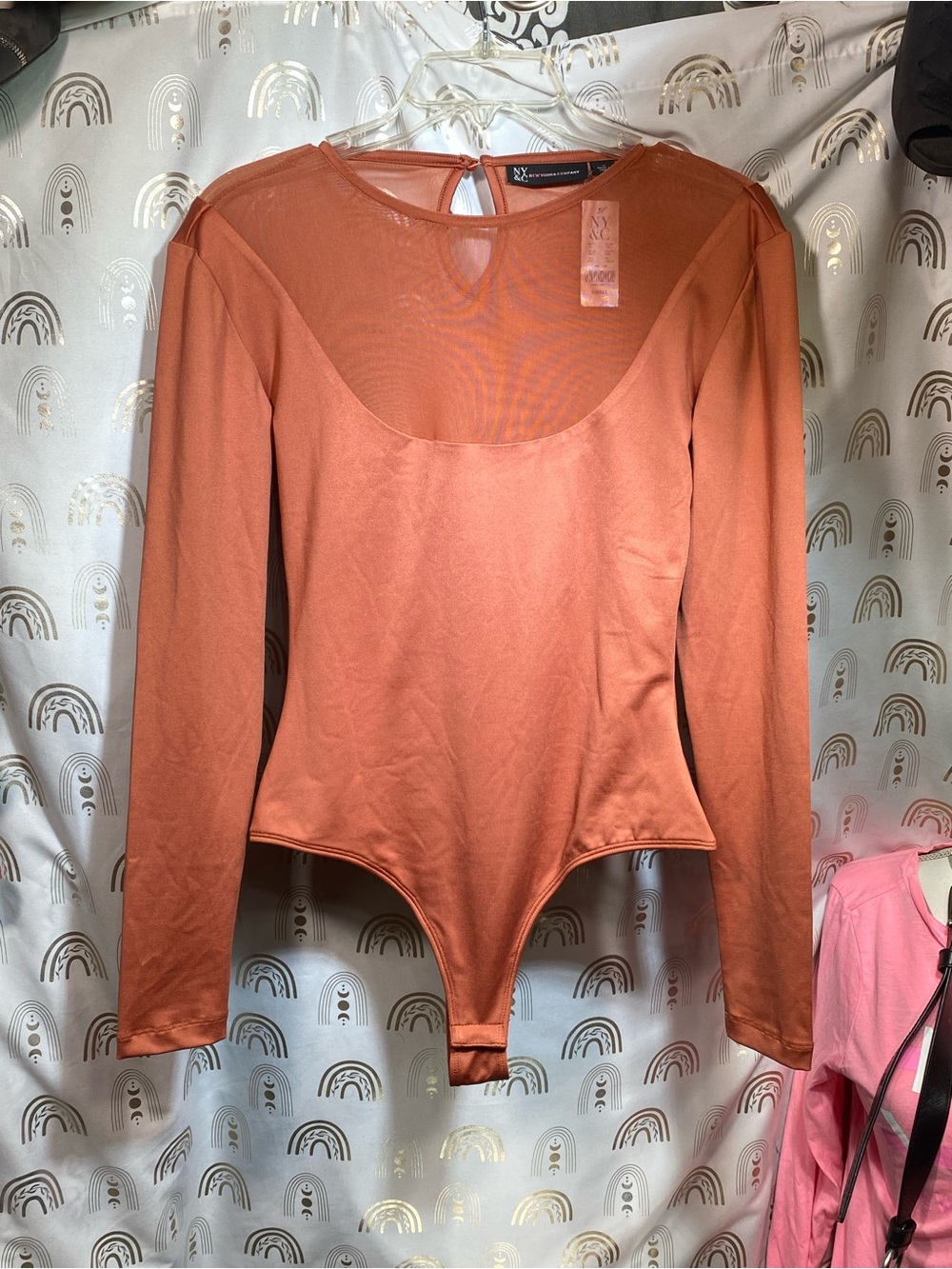 NY Collection Rust Long-Sleeve Sheer Yoke Bodysuit